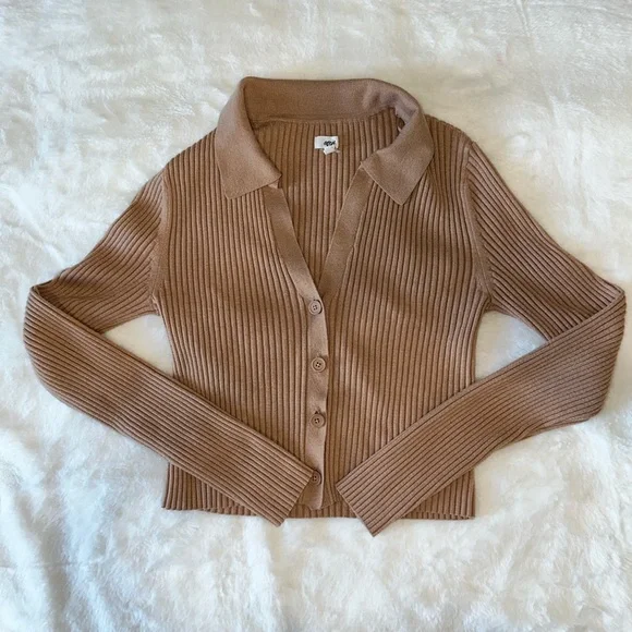 Aerie Ribbed Tan Cropped Cardigan - Picture 3 of 6